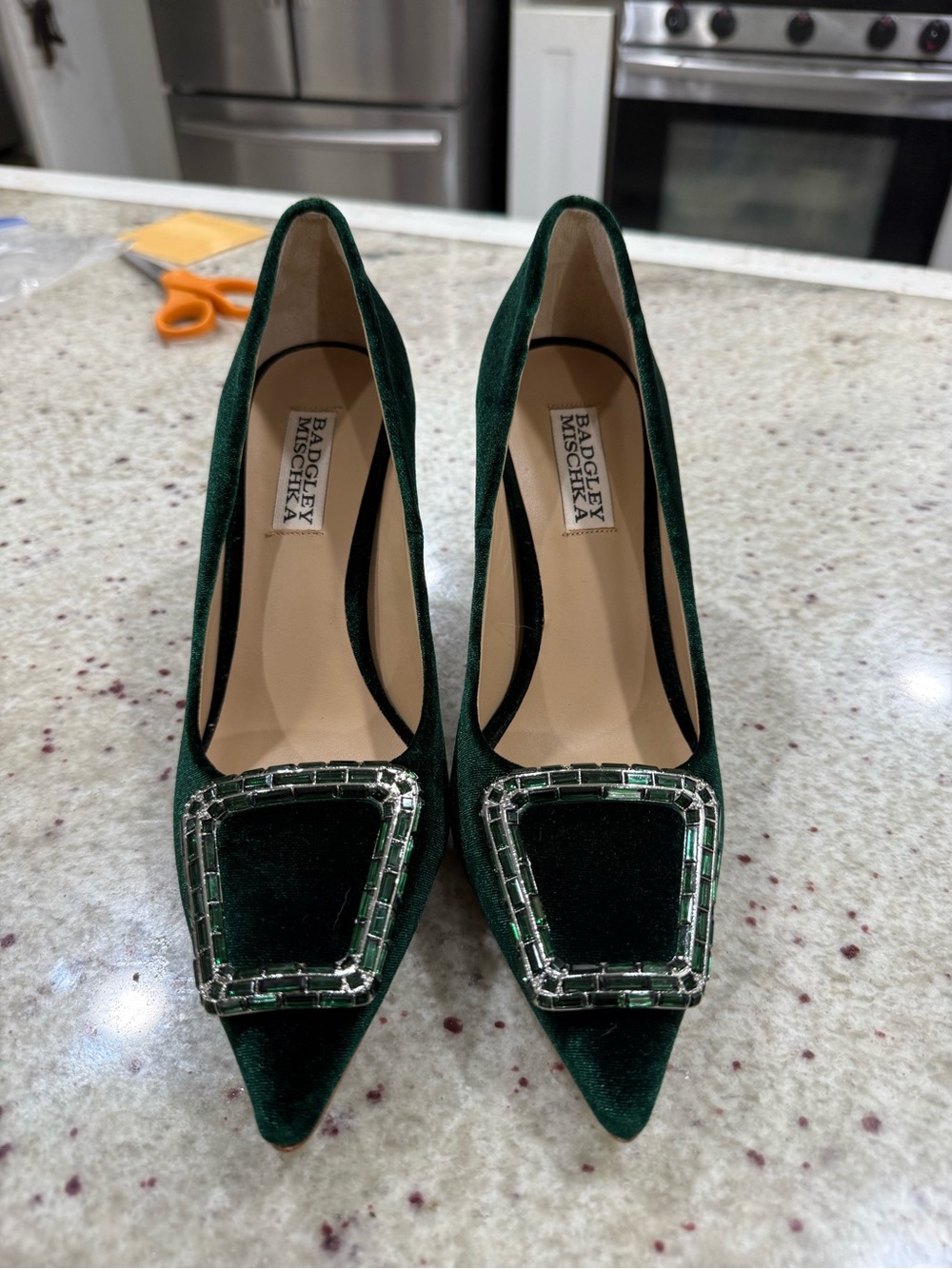 Badgley Mischka Aubree Forest Green Velvety Pumps Pointy Toe Heels W Size 6.5